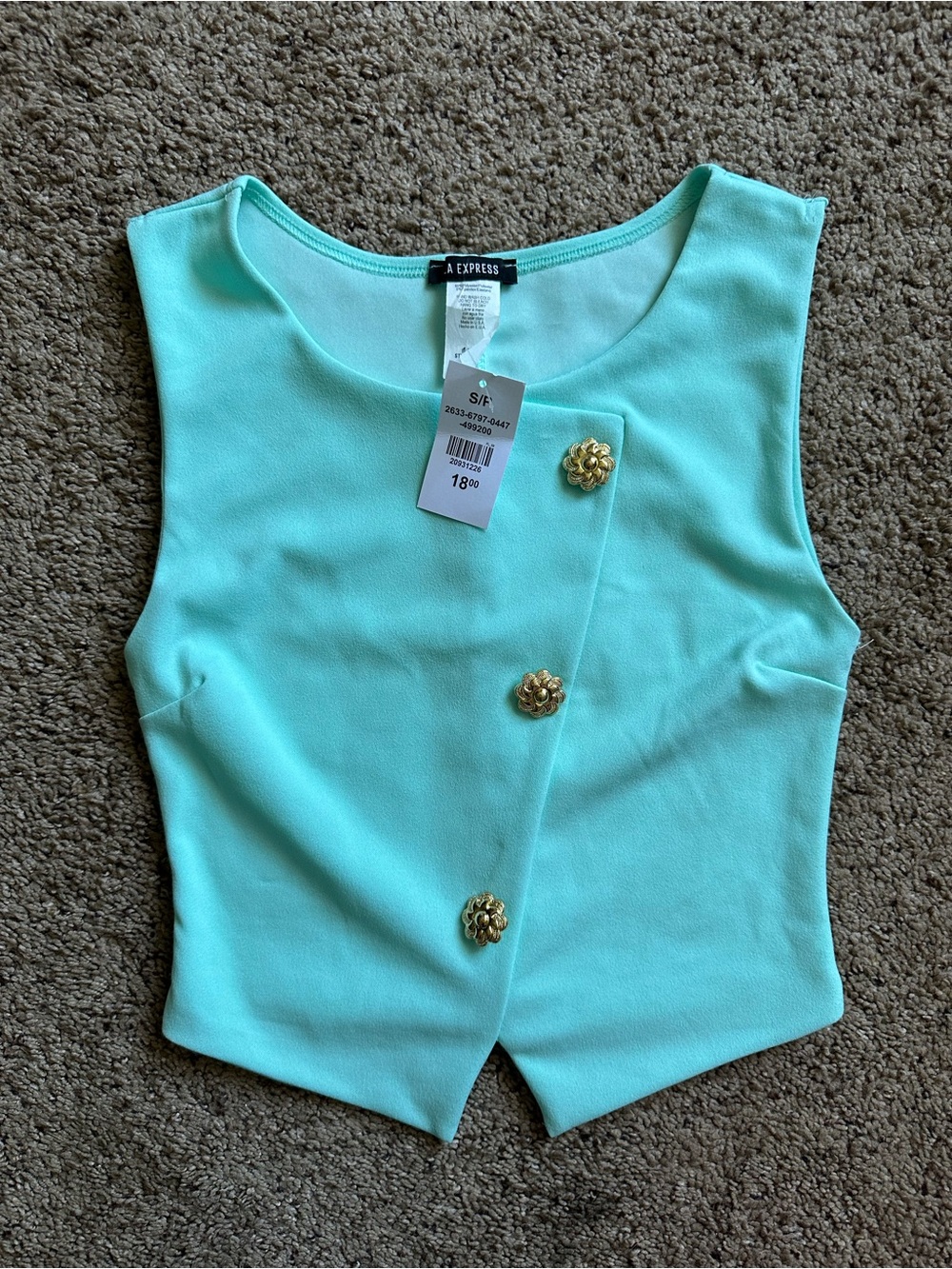 Express Mint Green Sleeveless Camisole with Decorative Gold Buttons